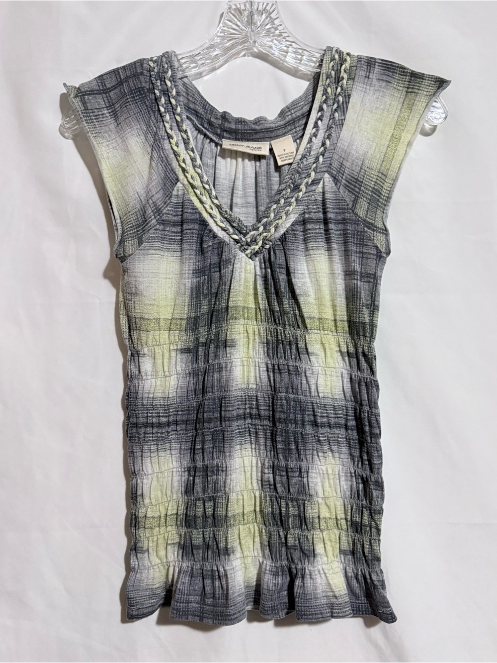 DKNY Jeans Women’s PXS Gray/Yellow Plaid Sleeveless Round Neck Braided Blouse